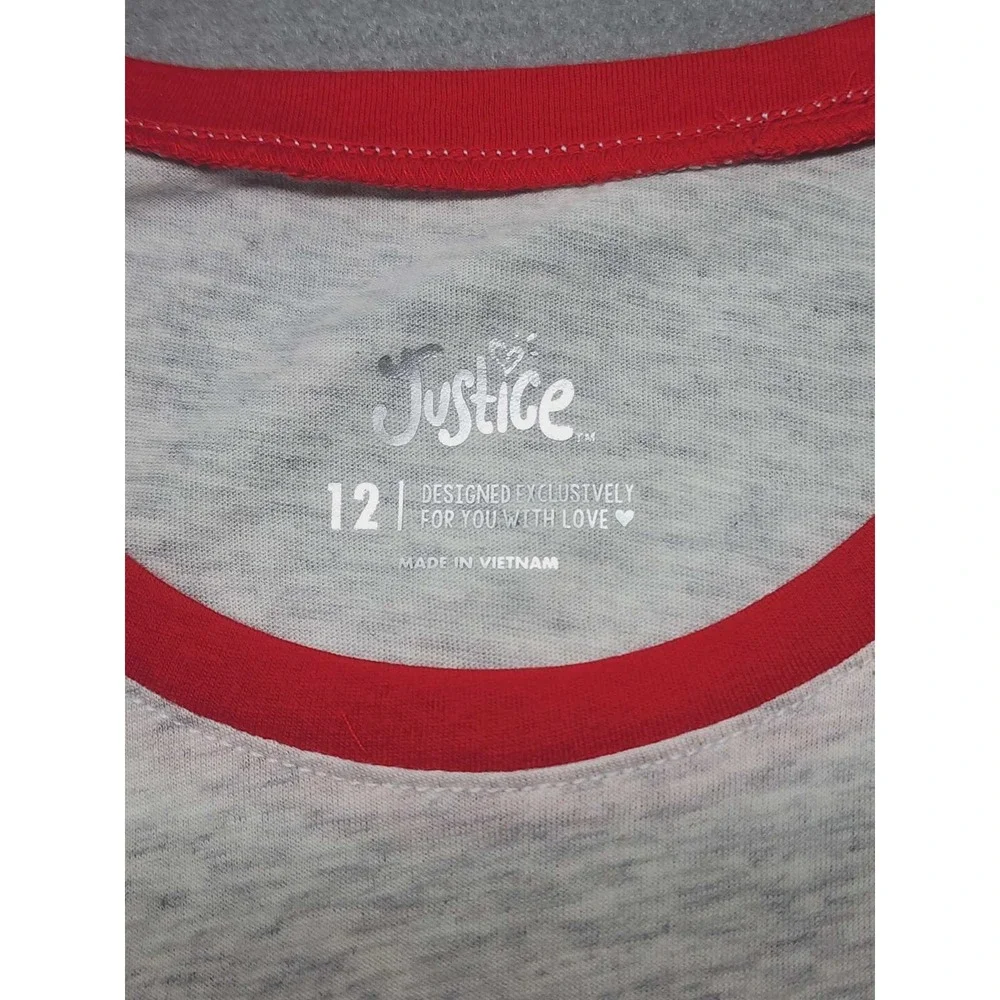 Justice Girls Size 12 Raglan Baseball Tee Long Sleeve Heather Grey Red Graphic